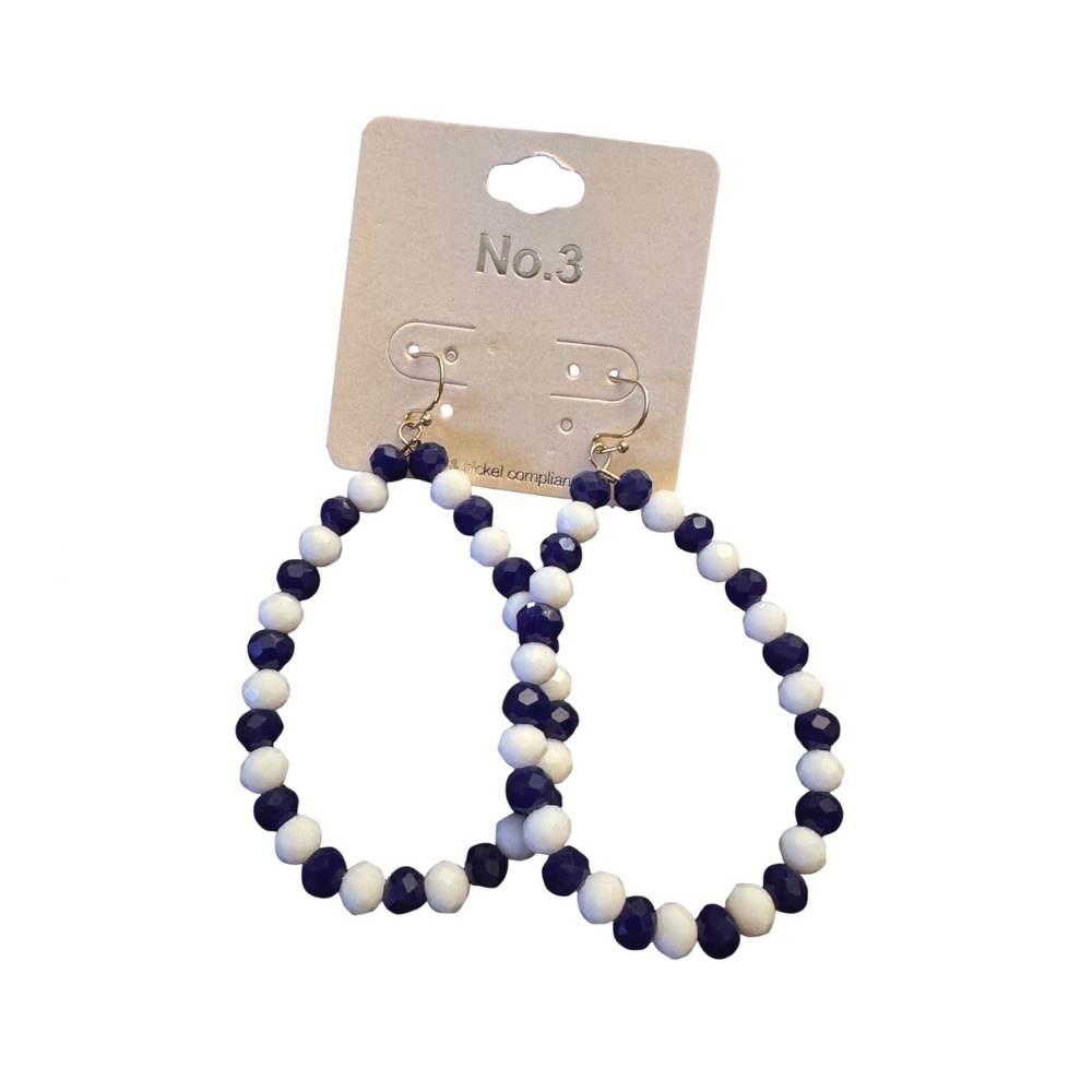 NWT No.3 Blue White Beaded Teardrop Hoop‎ Earrings SE7061RBLWT Nickel Compliant